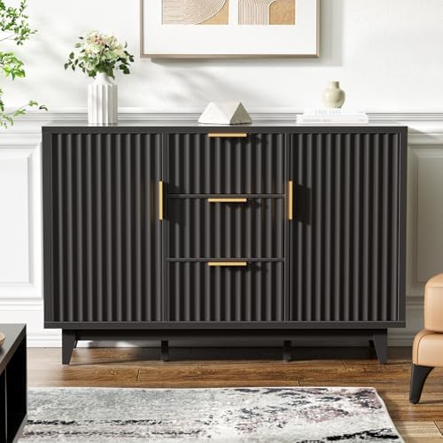 47.2" W Storage Cabinet with 3 Drawers, Fluted Buffet Cabinet wit...