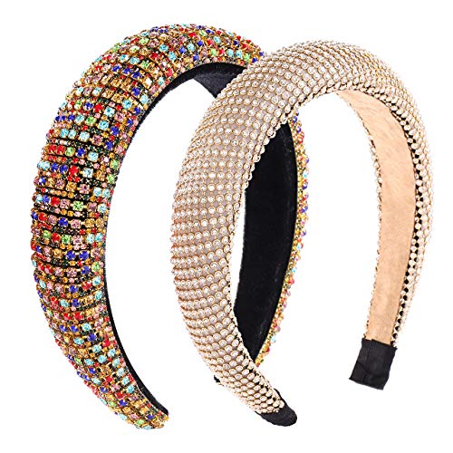 Rhinestone Padded Headband Handmade Baroque Velvet Padded Lining Hair Hoop Bridal Wedding Wide Headwear Accessories For Women (gold rainbow)