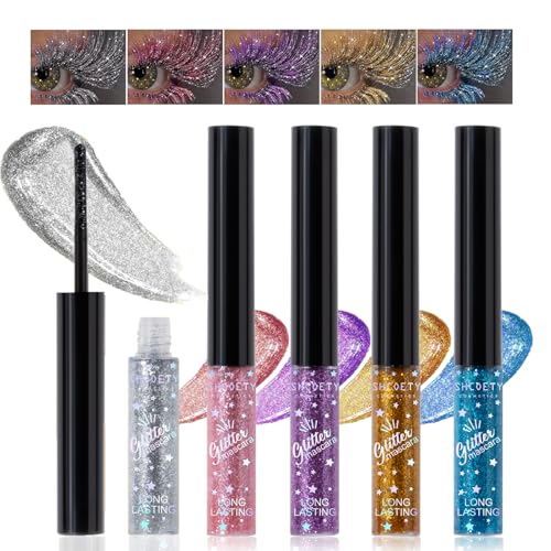 Máscara de pestañas colorida, juego de 5 colores con purpurina perlada, pestañas de ojos brillantes, pestañas de ojos voluminosas, encantadoras, resistentes al agua y a prueba de smudgeproof, larga