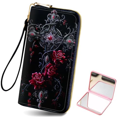 Women's Card Holder Wristlet Wallet, Convenient Travel Long Wallet with Strap and Pink Compact Mirror, Fashion and Sturdy Wristlet Long Purse for Women, Rose Art Cross