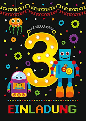 Lot de 12 cartes d'invitation avec 12 enveloppes pour 3ème anniversaire d'enfant Motif robot - Image 3