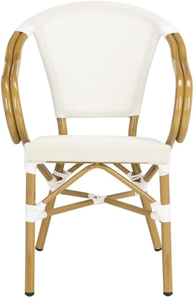 Pemberly Row Outdoor Arm Chairs, 33" H Rattan Aluminum Frame, Beige Textilene Fabric, White/Beige Finish, Weather-Resistant, Set of 2, Bamboo Peacock Chair Style for Patio, Porch, Garden