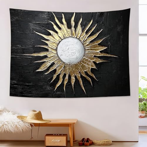 Tarot Sonne Wandteppich Geheimnisvolles Schlichtes Ölgemälde Fotohintergr& Wandteppiche Wandbehang - Große Größe Wohnzimmer Schlafzimmer Dekoratives Hängendes Wandtuch, Schwarzes Gold, 130X150Cm