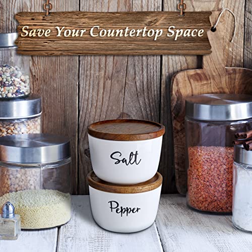 Dayyet Farmhouse Salt And Pepper Bowls, 10 Oz Salt Cellar With Lid, Stacked Ceramic Salt Pepper Container With Wooden Lid, Salt Box For Countertop, Modern Farmhouse Kitchen Decor, Set Of 2, White #TOP4