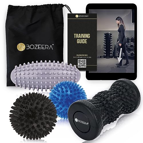 Igelball Fußmassage Set |1X Fußmassagegerät 2X Massageball mit Noppen 1x Ovaler Stachelball|für Rücken Beine Füße| Fußroller & Igelbälle mittel, ovaler Stachelball hart|Inkl Video,Poster & Tasche