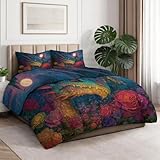 Bettdecke 135 x 200 cm, Fantasie 4 Jahreszeiten Bettdecke Ohne Bezug, Weiche Ganzjahresdecke mit Rosen Schlösser Drachen Der Mond Design, Dunkelblau Waschbar Warme Steppdecke mit 2 Kissenbezug