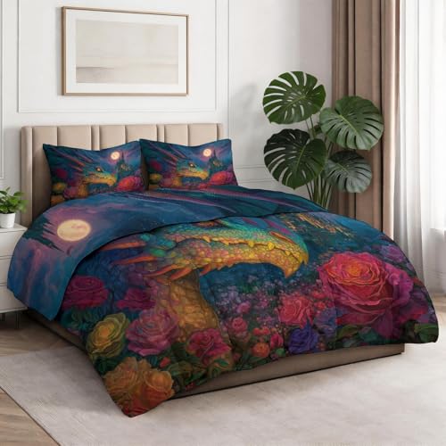 Bettdecke 135 x 200 cm, Fantasie 4 Jahreszeiten Bettdecke Ohne Bezug, Weiche Ganzjahresdecke mit Rosen Schlösser Drachen Der Mond Design, Dunkelblau Waschbar Warme Steppdecke mit 2 Kissenbezug