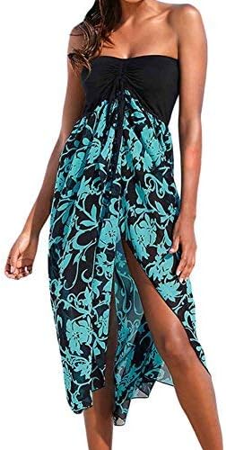 UranusWomen Summer Baggy Loose Slit Feather Print Slit Strapless Bardot Maxi Beach Dress