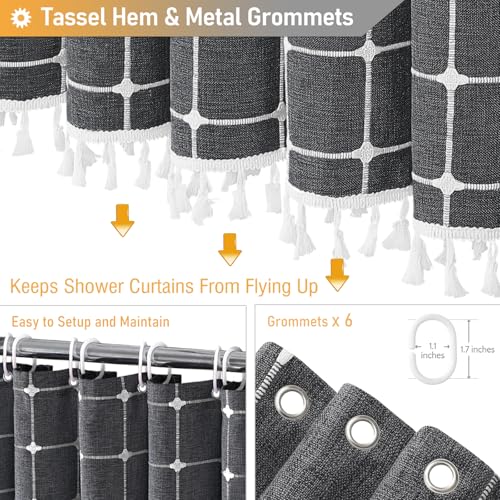Image of BTTN Boho Shower Stall Curtain - 36x72 Narrow Linen Ultra Thick Tassel Fabric Shower Curtain Set with 6 Plastic Hook, Half Camper RV Modern Farmhouse Country Shower Curtain for Bathroom, Charcoal Grey
