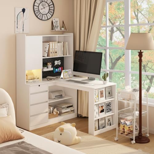 RuiSiSi L Shaped Computer Desk with Hutch, Corner Computer Desk with Charging Station, Home Office Desk with Drawers, White