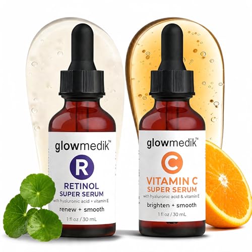 Glowmedik Retinol & Vitamin C Face Serum Set – Anti-Aging Duo for Dark Spots, Wrinkles & Glowing Skin – Day & Night Facial Serum Routine – 1 fl oz Each