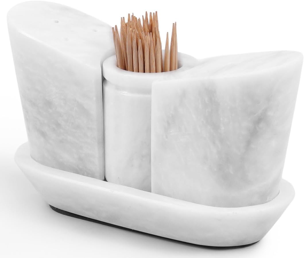 Marble Salt and Pepper Shakers 2.5 Inch Handmade White Salt and Pepper Containers for Dining Table Décor - Modern Salt Shakers for Kitchen Counter, Seasoings Salt & Spice Shaker Sets