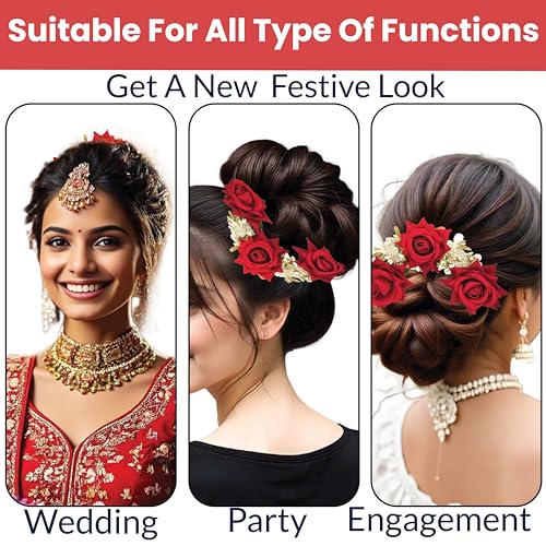 Image of TEMPERIA (1pc) Hair Accessories For Women's & Girls - Stylish Artificial Flowers & Crystal Pearls Bun Juda Bridal Brooch for Hairstyle & Decoration - Pins & Clips for Style of Bride (Red & White)