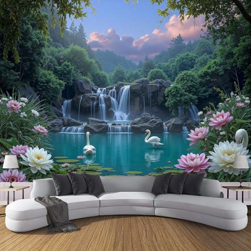 Papel Tapiz Fotográfico Efecto 3D Bosque Verde Patrón De Cascada, Verde Salvia Papel Pintado Tejido 150 × 105 cm - Decorativos Murales para Pared Salón y Dormitorio - Paisaje Natural