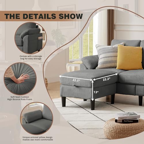 Image of 80''L Shaped Sectional Sofa Couch, 3 Seater Corduroy Sofa with Storage Ottoman, Removable & Washable Cushion Covers, Side Pockets, Modern L Couch for Living Room, Dark Grey