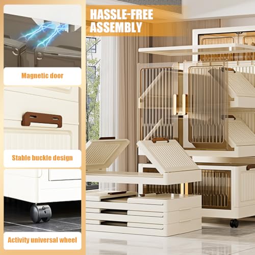 Image of HASTHIP 4-Door Collapsible Plastic Wardrobe 55x33x141cm Stackable Folding Wardrobe Cabinet Organizer with Door Universal Caster Wheels with Brake Freestanding Easy Almirah for Clothes and Bedroom