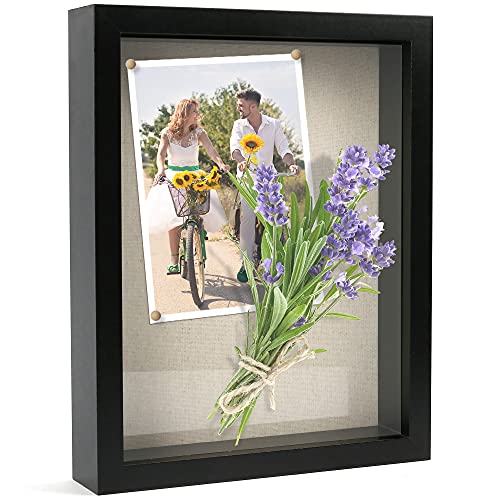 LotFancy Black Shadow Box, Wood Picture Frame 11x14, Deep Shadow Box Display Case for Graduation, Wedding, Bouquet, Soft Linen Backboard and Shatter Resistant Glass for Tabletop