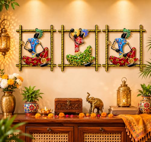 Image of iHandikart Handmade Metal Wall Art Set of 3, Traditional Rajasthani Musician & Dancer Wall Sculpture | 9 x 9 Inch Decorative Iron Wall Hanging for Living Room, Bedroom, Hallway, Office & Home Decor