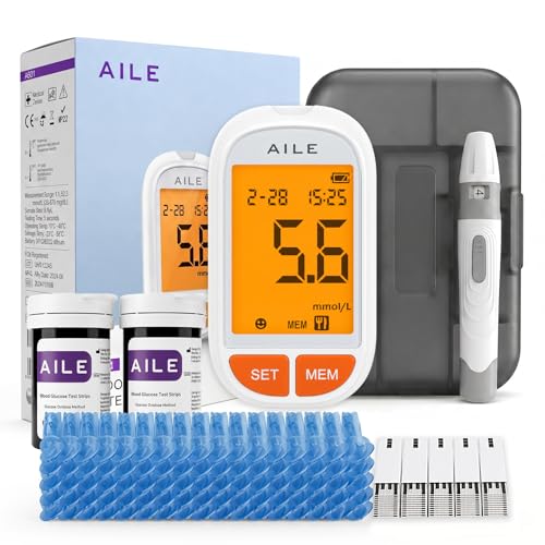 Blood glucose Monitor Kit for Diabetes: AILE Blood Sugar Meter Test Kit Test Strips x 50 and Low Pain Lancing Devices x 50 for Home Use Testing Monitoring with Vioce Broadcast (A601 (50 Kit))