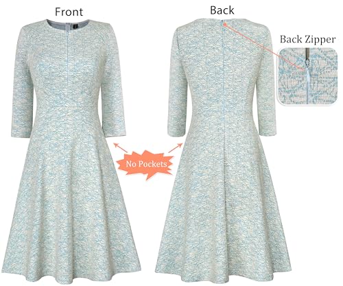 Image of VFSHOW Womens Work Business Front Zipper A-Line Dresses 3 /4 Sleeve Office Church Fit and Flare Skater Swing Knee Length Dress