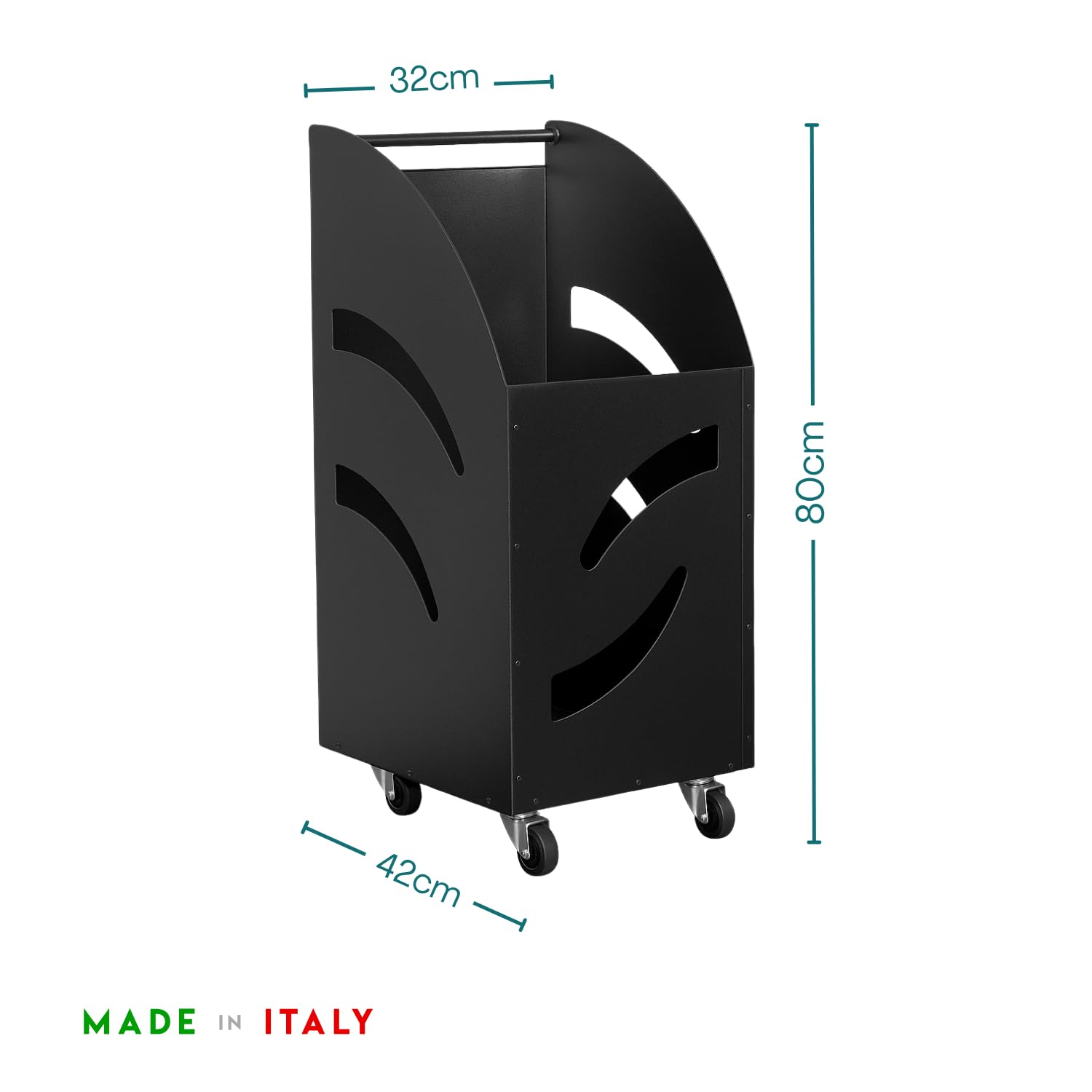 Paluplus Cesto Portalegna da Camino con Ruote di colore Nero, Misura 32x42x80 cm, Box per legna in Acciaio Verniciato con Maniglia, Design Elegante, per Stufe e Camini, Made in Italy -2411F -12,5