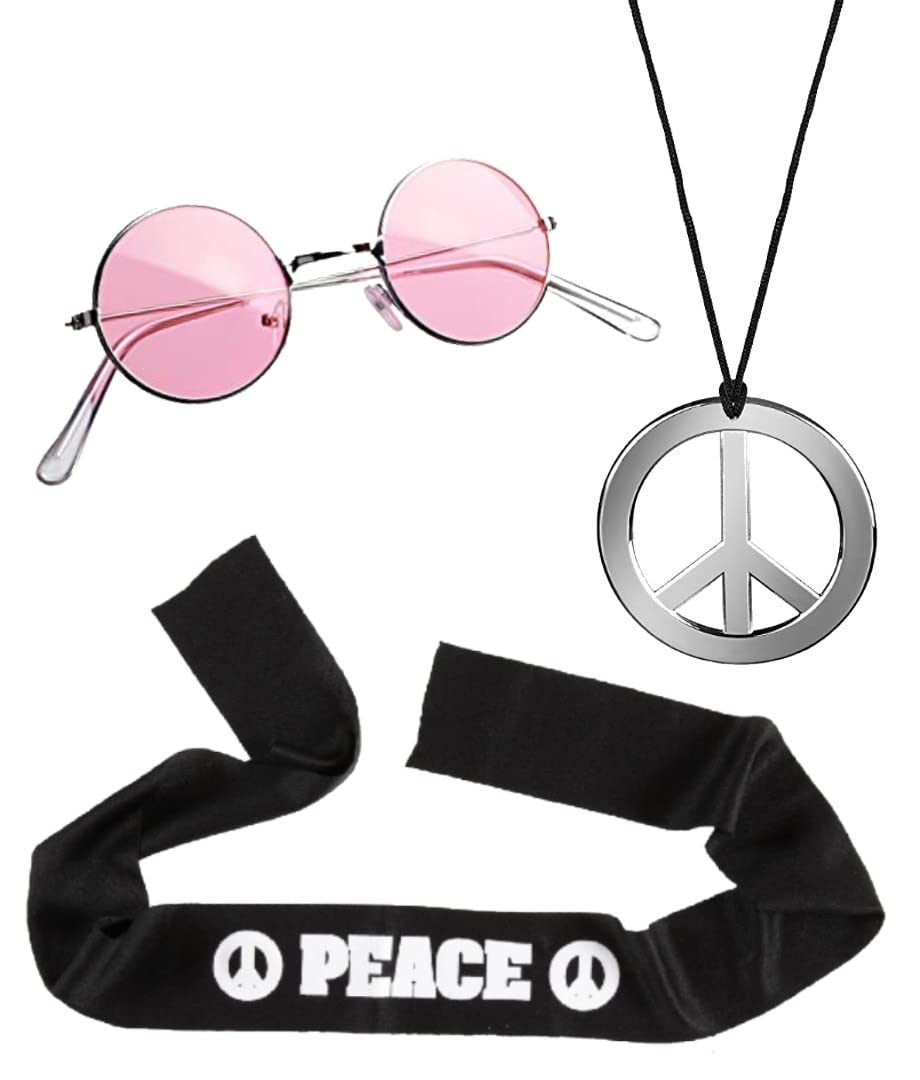 Dreamzfit 60's Hippie Costume Kit for Men & Women - John Lennon Fancy Dress Outfit with Headband, Round Sunglasses & Peace Necklace for 1960s Theme Parties