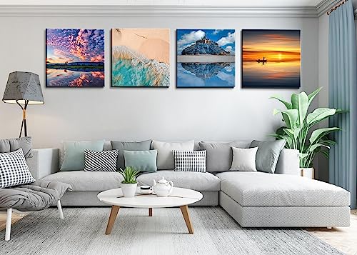 Image of Beach Canvas Wall Art Decor for Bathroom Decor, Ocean Waves Artwork Colorful Nature Landscape Framed Pictures Prints for Bedroom Living Room Office Decoration 12 inchx12 inchx4 panel
