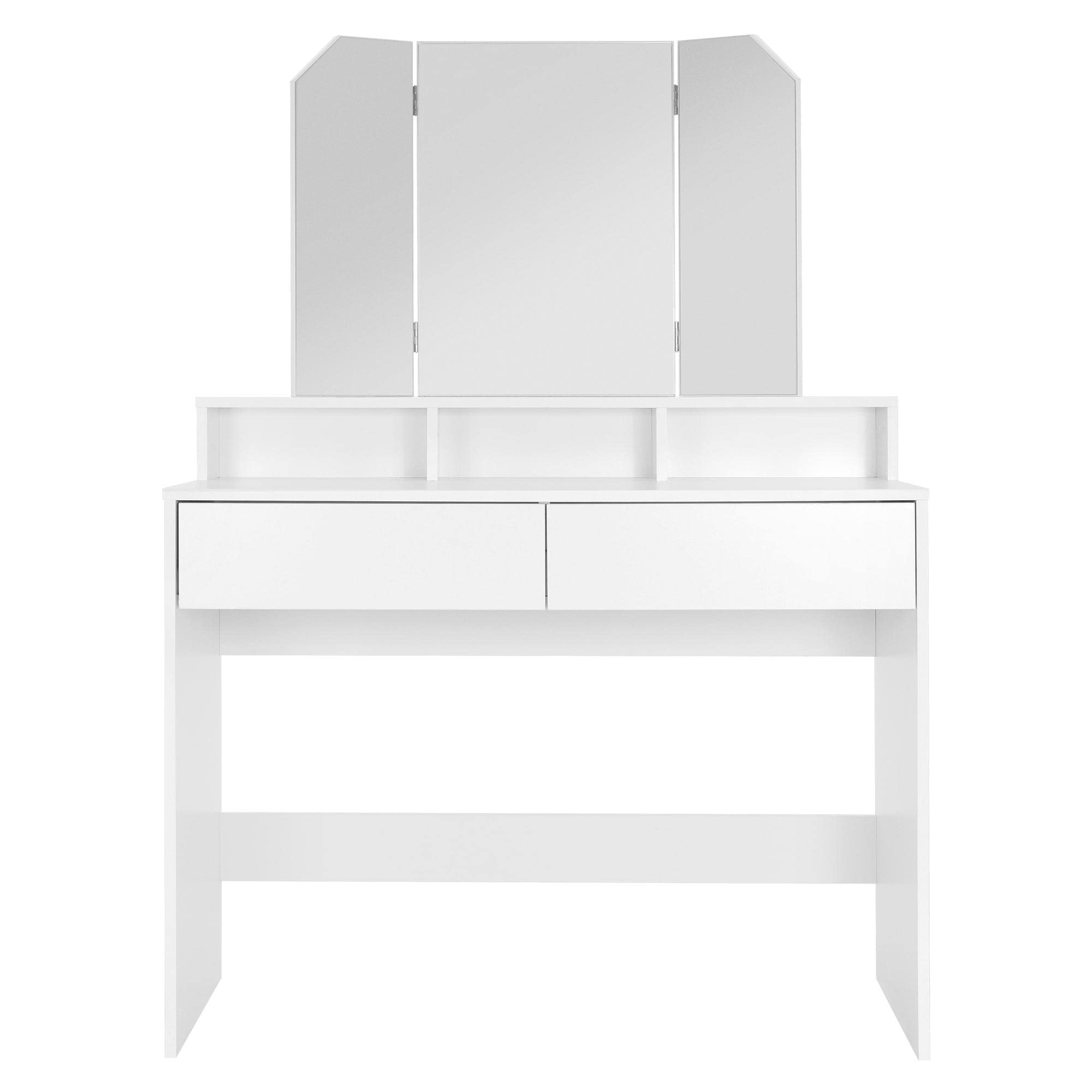 ML-Design Schminktisch, Frisiertisch mit 3-tlg. Klappspiegel und 2 Schubladen, 100 x 40 x 140 cm, Weiß, modern, Kosmetiktisch mit 3 offenen Fächern, Frisierkommode Schminkkommode Kommode Make-Up Tisch