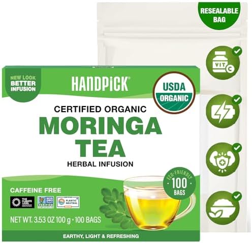 HANDPICK Organic Moringa Tea (100 Tea Bags) Pure Moringa Leaves from India
