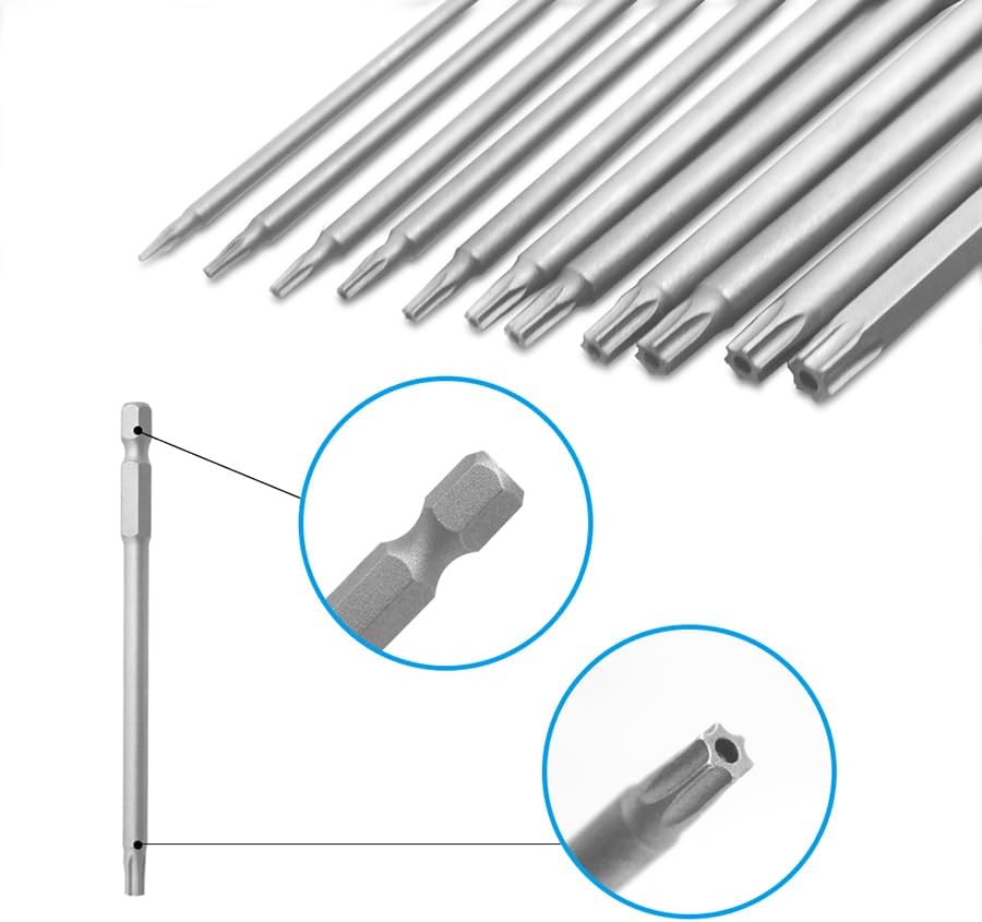11 Pcs Long Torx Security Head Screwdriver Drill Set 1/4 Inch Hex Shank T6 T7 T8 T9 T10 T15 T20 T25 T27 T30 T40 11 Pieces 4 Inch Length S2 Steel Torx Screwdriver Bit Set (100mm)