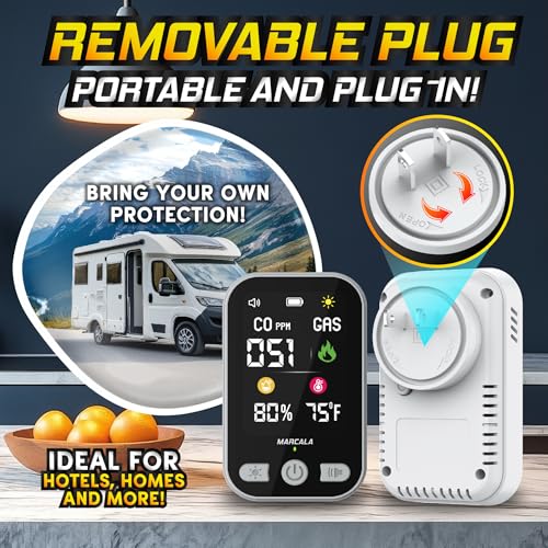 Image of Marcala Carbon Monoxide Detector | 2026 V2.0 4-in-1 Natural Gas & Carbon Monoxide Detectors Portable | Wall Plug-in with Backup Battery for Power Outages | Temp, Humidity, Gas & CO Alarm