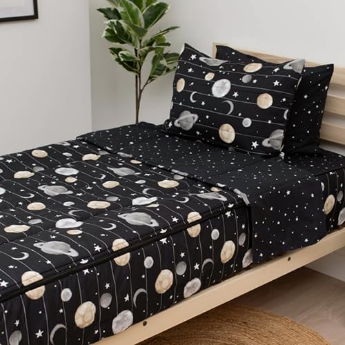 Image of Beddy's Outer Space Themed Durable Zipper Bedding for Kids /Teens - Bed in a Bag-Black Sheets & Universe Galaxy Comforter Stars & Solar System,Includes 2 Pillowcases & 2 Shams-Easy to Make & Wash-Queen