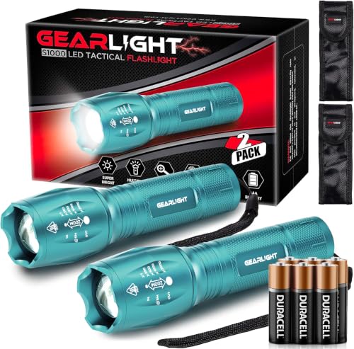 Image of GearLight LED Flashlight High Lumens, Mini Tactical LED Flashlight 2 Pack, 5 Modes Zoomable Beam, Battery Powered for Camping, Hunting, Home & Emergency, Compact Small LED Flashlight (Light Blue)