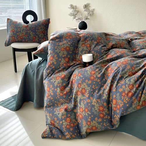 Image of VM VOUGEMARKET Rustic Double Layer Gauze Jacquard Duvet Cover Queen, Dusty Slate Blue with Retro Orange Floral Print, Soft Breathable Boho Comforter Cover with Zipper&Ties