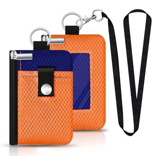 Image of Minimalist RFID Blocking Small Wallet with ID Window,WaterResistant Zip Id Case Wallet with Lanyard Keychain for Cards,Cash,Travel,Women,Men (Orange /Sapphire Blue)