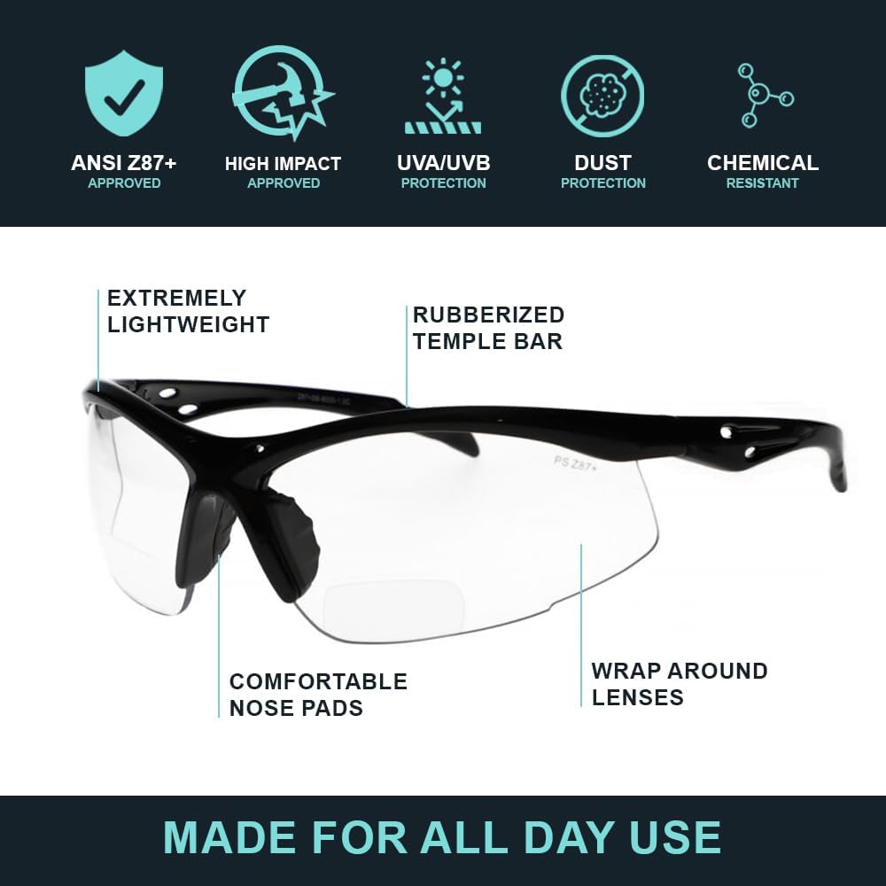 Bifocal Safety Glasses by PS Safety Glasses With Readers for Healthcare, Woodworkers, Motorcyclists, Workshop - Ansi Z87+ - Polycarbonate Lenses - Clear, +2.0 - Image 2