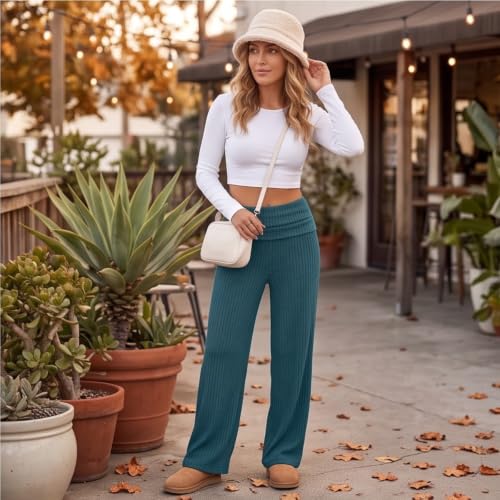 Ribbed Knit Pants for Women Foldover Pants Baggy Casual Pant Loungewear — view 5