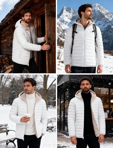 Image of Cotrasen Mens Puffer Jacket Sherpa Lined Water Resistant Hooded Full Zip Mid-Weight Warm Insulated Winter Coat