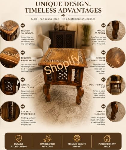 Image of Shopify Wooden Stool-Natural Wood Antique Look Side Table with Drawer for Living Room (Brown, 14 x 14 x 21 inch) (Side Table)