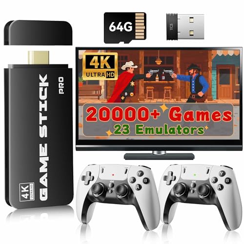 Huqjot Retro Gaming Console Stick Pro, Classic Video Games Stick with 4K HDMI, Built-in 23 Game Emulators, 20000+ Games - Video Gaming with Upgrade Dual 2.4G Wireless Controllers