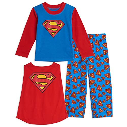 DC Comics Justice League Superman Toddler Boys Pajama Shirt Pants and Cape 3 Piece Set Blue 4T