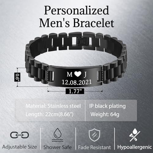 Custom Bracelets for Men - Personalized Bracelet Gift for Him, Double-Sided Engraved 15mm Black Stainless Steel ID Bracelet, Waterproof Adjustable Memorial Gift for Husband, Dad, Boyfriend4