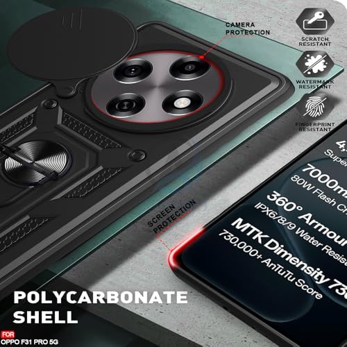 Image of Heavy Duty Back Case Cover for Oppo F31 Pro Plus 5G, Shockproof Oppo F31 Pro Plus Back Cover, Ring Case with Kickstand and Camera Protection Shutter - Black