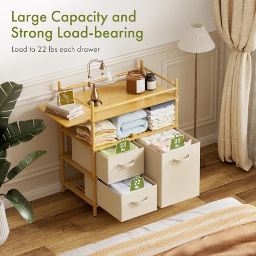 Image of Amazer Baby Changing Table, Bamboo Baby Dresser Table with Flat Top, Diaper Changing Station with 3 Removable Storage Drawers, Large Storage Nursery Organizer Shelves with Pad, Mesh Pocket