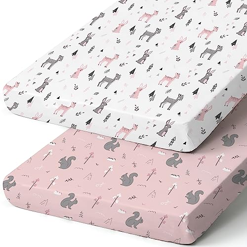 Image of Pack n Play Sheets, BROLEX 2 Pack Mini Crib Sheets,Stretchy Portable Fitted Playard Sheet Set, Convertible Playard Mattress Cover,Ultra Soft Breathable Material,Squirrel Deer