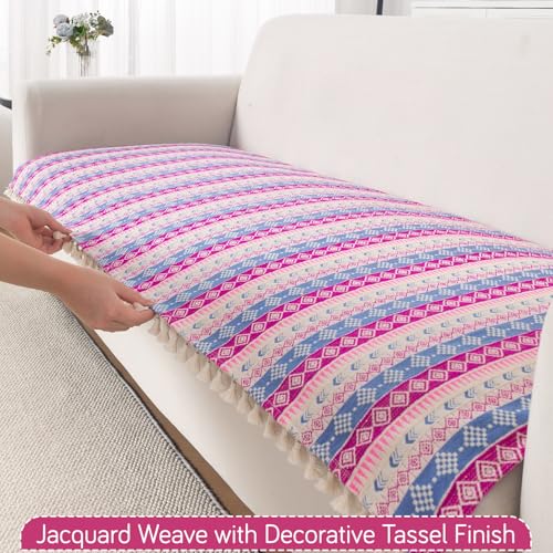 Image of HOKIPO 5 Seater Sofa Cover Mat in 3+2 Configuration | 300 GSM Cotton Acrylic Jacquard with Tassel, 'Trivana Series' Periwinkle Blue (IN-936+934-J5)
