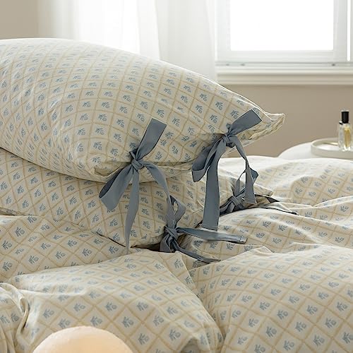 VM VOUGEMARKET White Blue Duvet Cover Twin Garden Style Blue Flower Duvet Cover 100% Cotton Grid Comforter Cover with 2 Bow Ties Pillowcases Botanical Cottagecore Bedding Sets