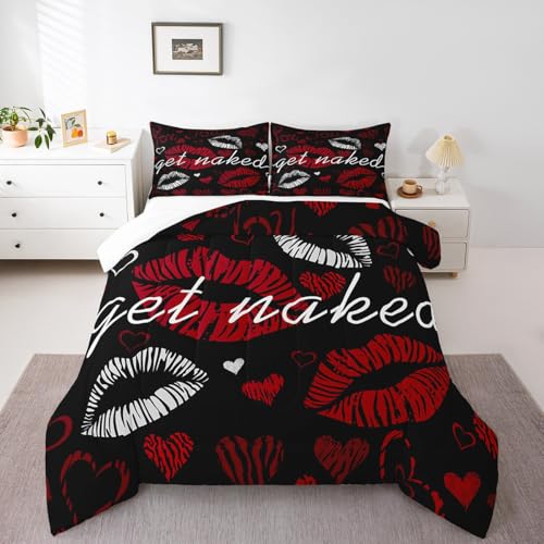 Feelyou Sexy Lips Comforter Funny Get Naked Comforter Set for Couple Lover Kiss Bedding Set White Red Woman Mouth Pattern Decor Duvet Set Room Decor King Size Quilt Set 3Pcs