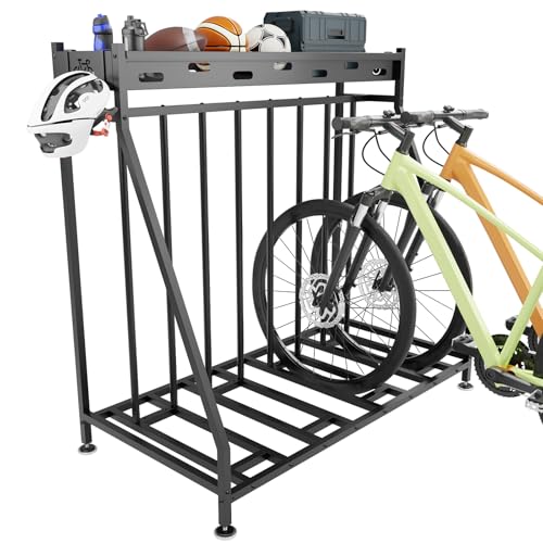 Hedyzone 4 Bike Stand Steady Bike Rack Garage with Baskets Storage Indoor Bike Storage Rack Metal Floor Bicycle Station for Parking Suitable for Mountain, Hybrid, Adult and Kids Bikes