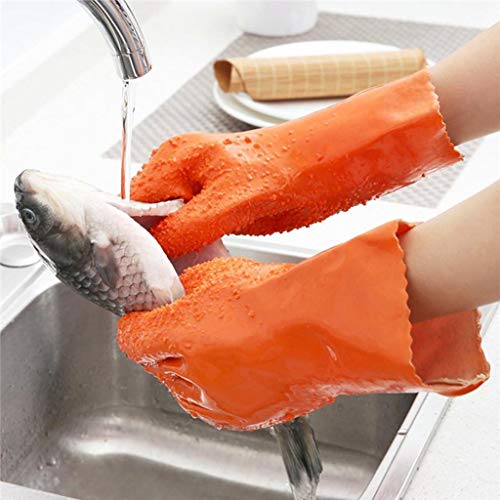 Handschuhe Reiniger Kartoffel schälen Handschuhe Peeling Vegetable Fish Scale Gloves rutschfest Küchenhandschuhe Obst Gemüse PVC Gummi Schäler 27cm- (Orange) Cover